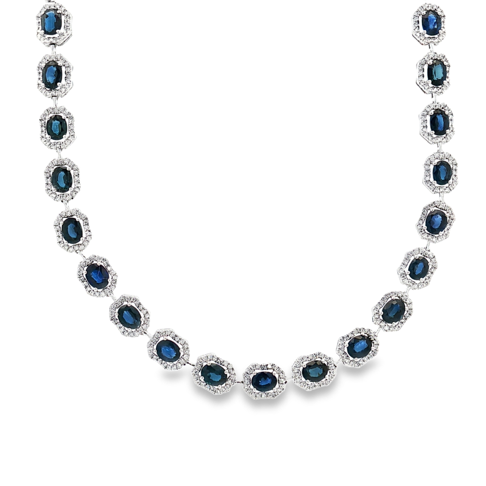 18K White Gold Sapphire Diamond Halo Necklace