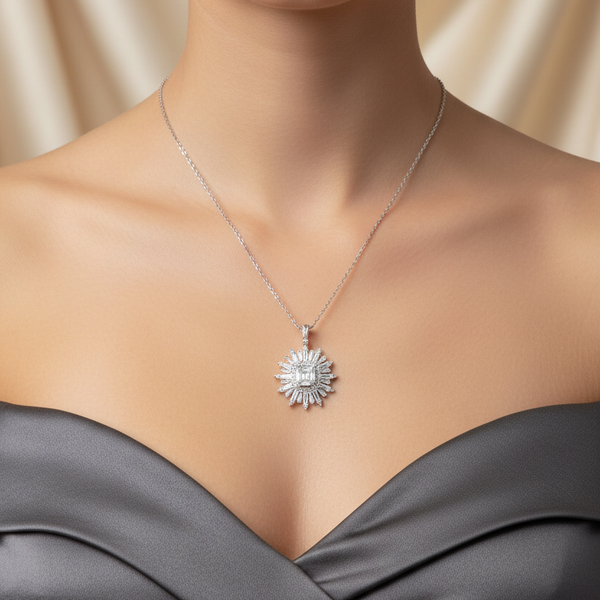 18K White Gold Diamond Sunburst Pendant Necklace | Flashy Jewellery hover
