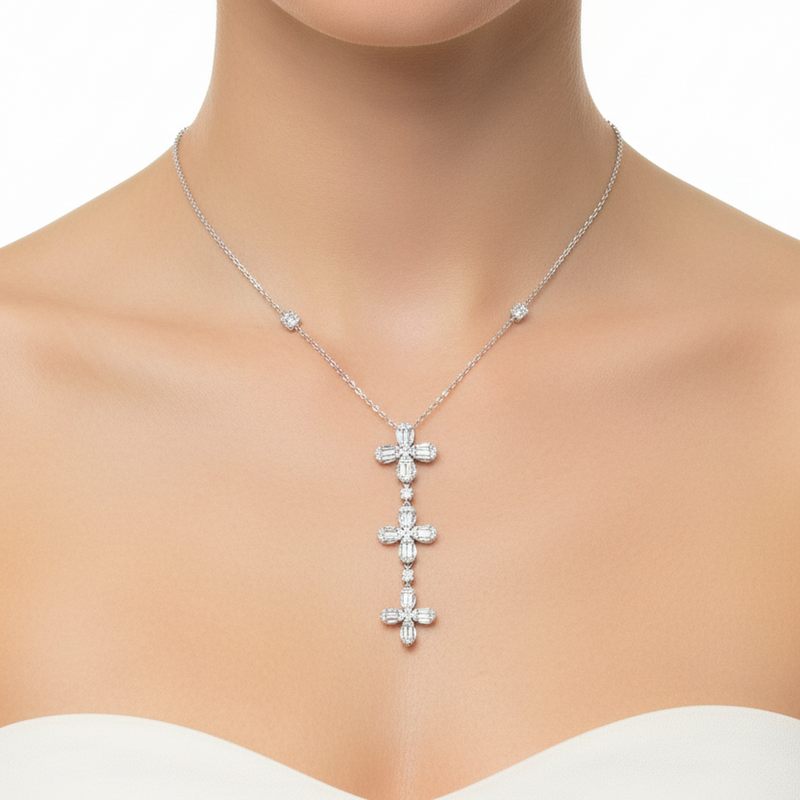 Diamond Cross Drop Necklace in White Gold | Flashy Jewellery