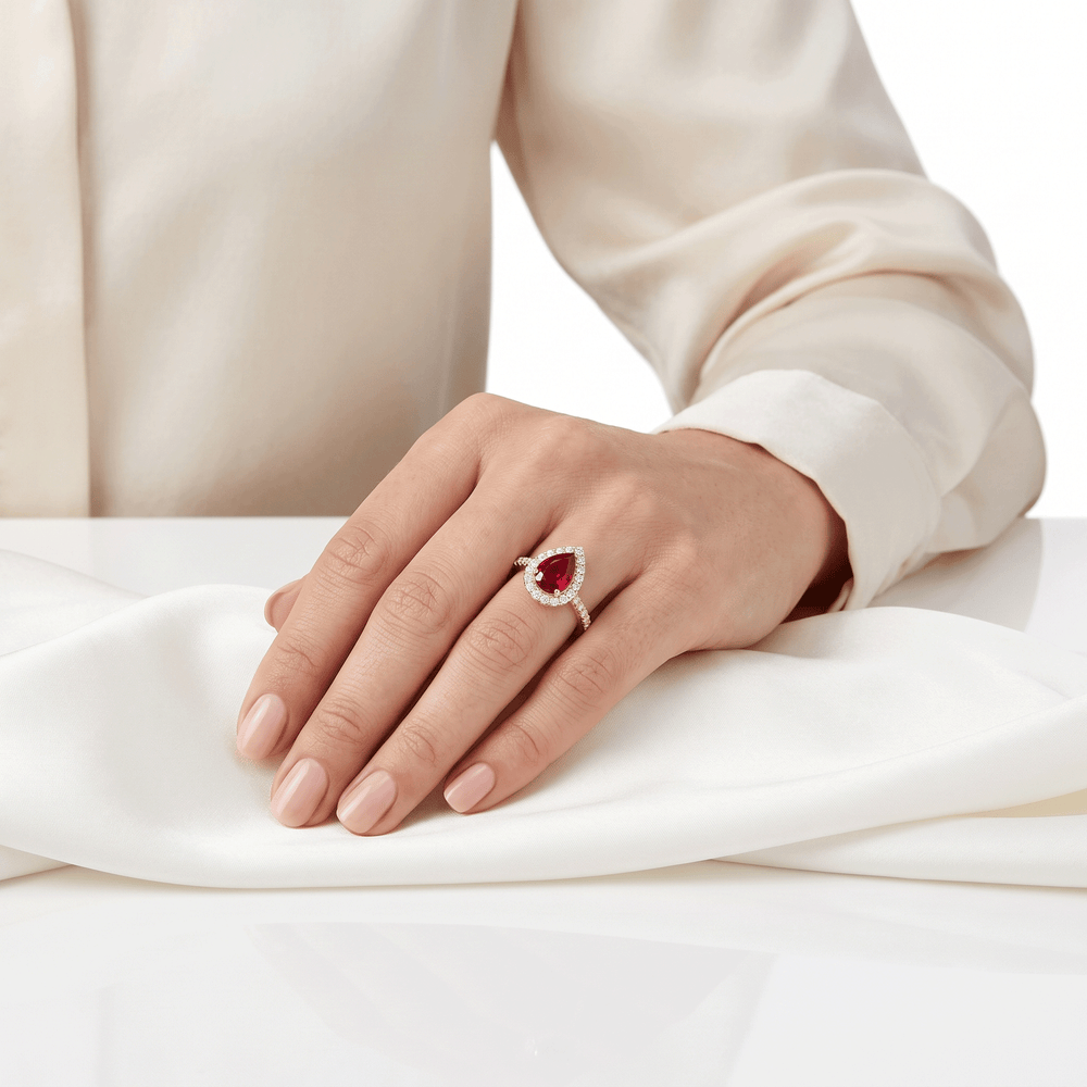 18K Yellow Gold Natural Ruby Halo Radiance Ring with Natural Diamonds