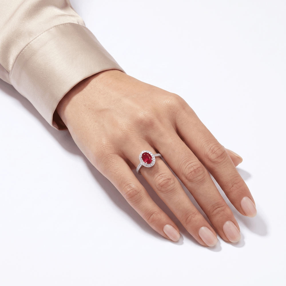 18K Yellow Gold Ruby Halo Engagement Ring | Natural Diamond | IDT Certified