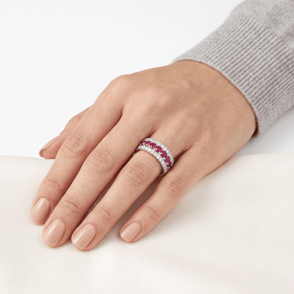 18K White Gold Natural Diamond & Ruby Stacking Ring
