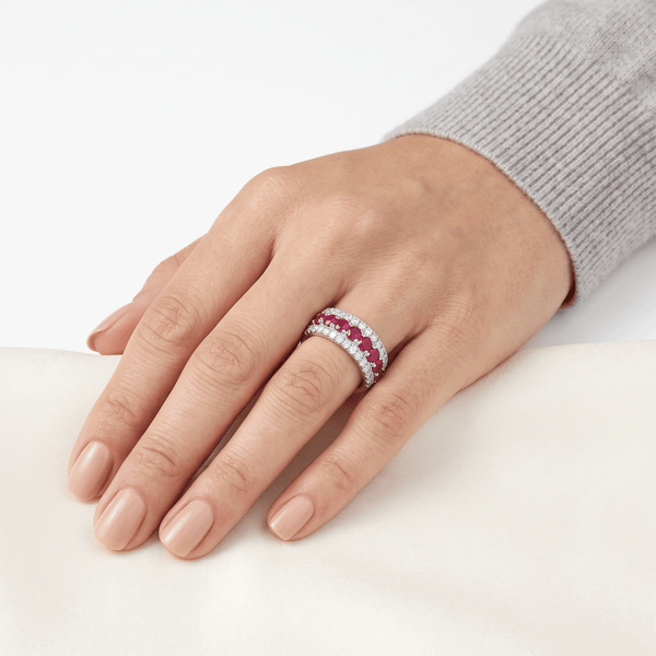 18K White Gold Natural Diamond & Ruby Stacking Ring hover