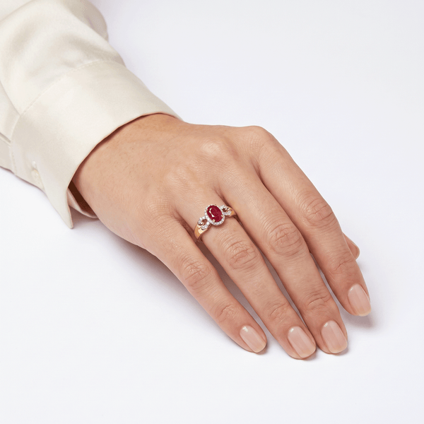 18K Yellow Gold Natural Ruby & Diamond Halo Engagement Ring hover