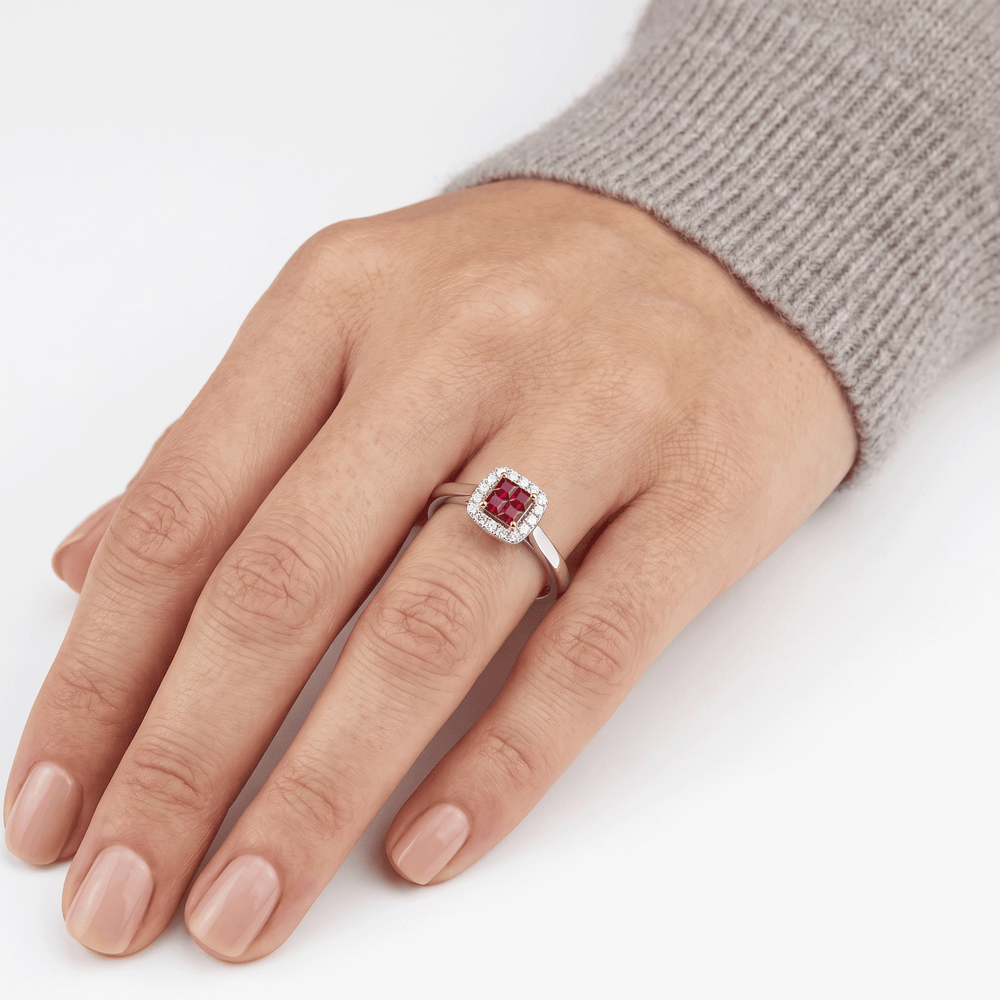 18K White Gold Natural Diamond & Ruby Halo Engagement Ring