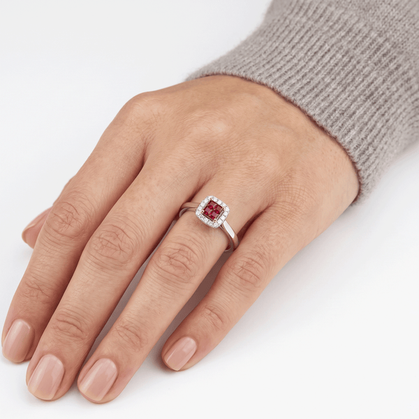 18K White Gold Natural Diamond & Ruby Halo Engagement Ring hover