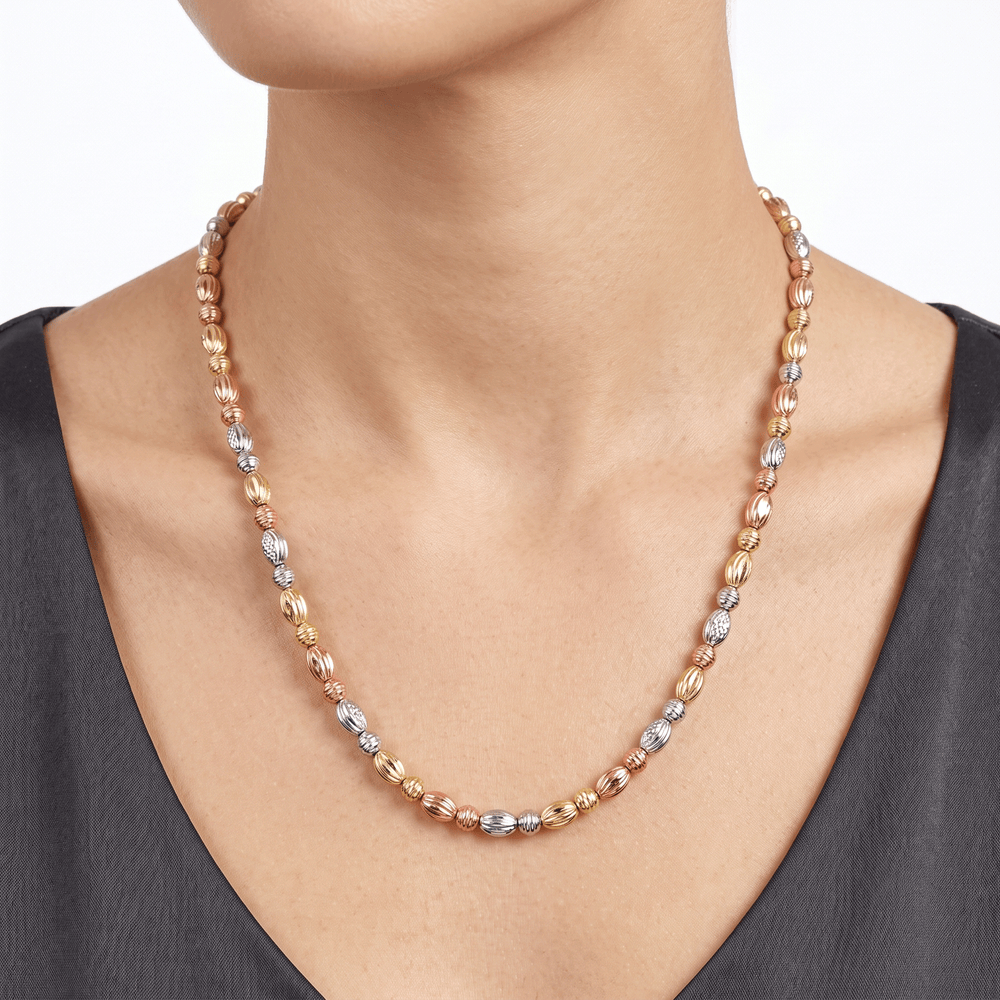 18K Gold Tri-Tone Ribbed Bead Necklace – Adjustable 17 Inch