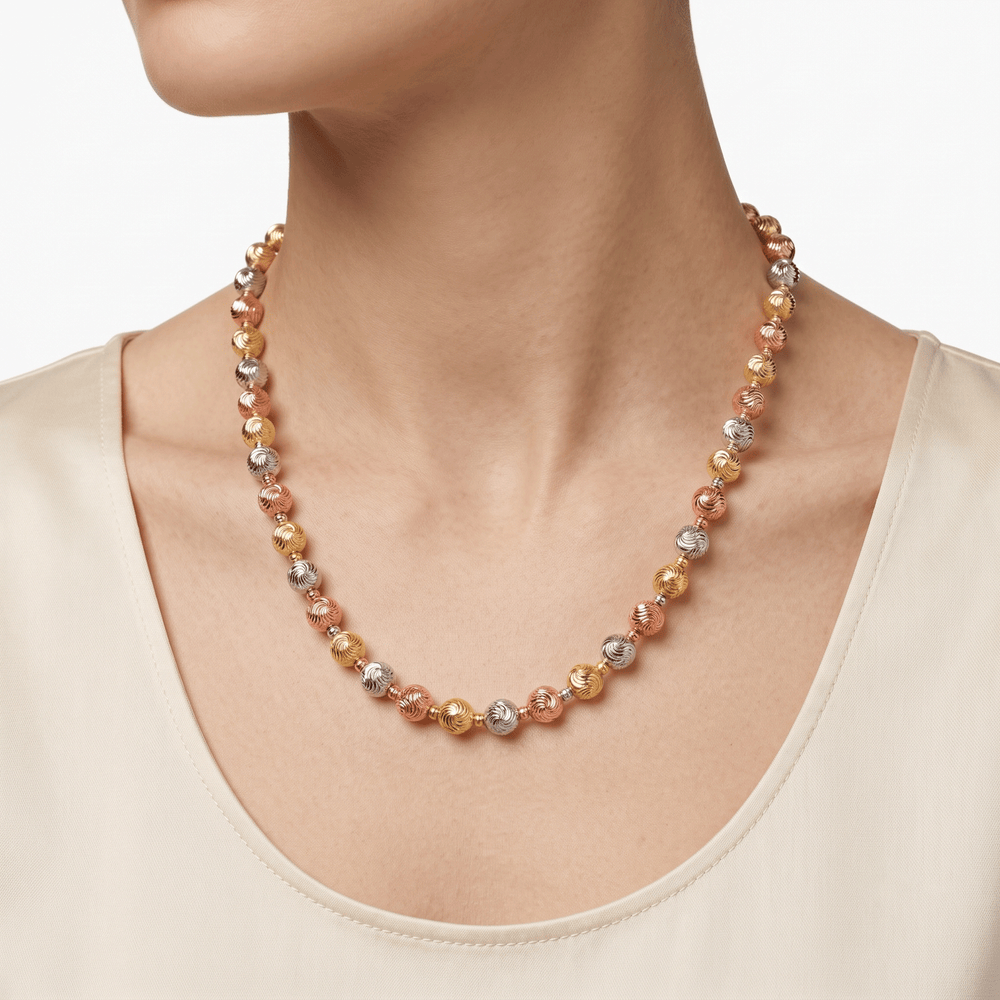 Gold Jewellery Tri-Tone Swirl Bead Necklace | 18K Gold