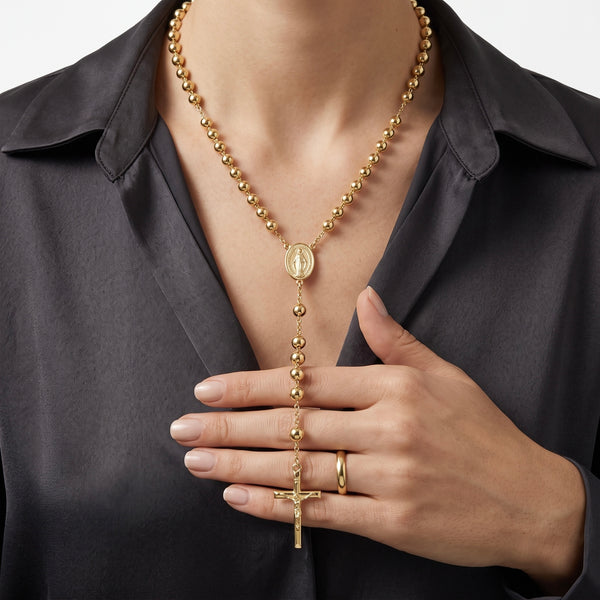 18K Classic Gold Rosary Necklace – High Polish Finish hover