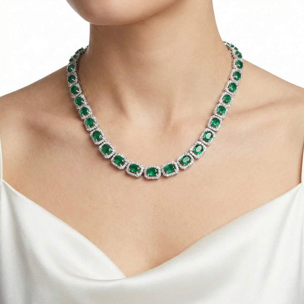 18K White Gold Necklace with Emeralds & Diamonds – Flashy Jewellery