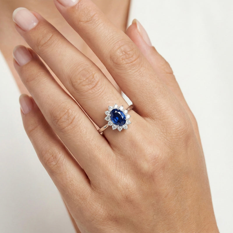 18K White Gold Sapphire & Ruby Diamond Halo Engagement Ring