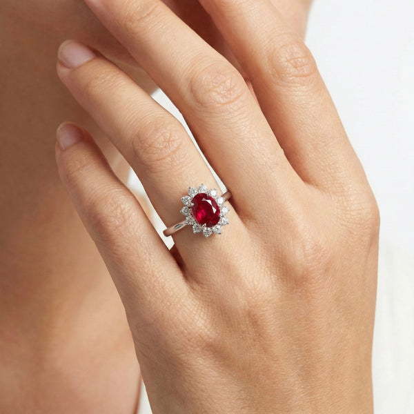 18K White Gold Sapphire & Ruby Diamond Halo Engagement Ring hover