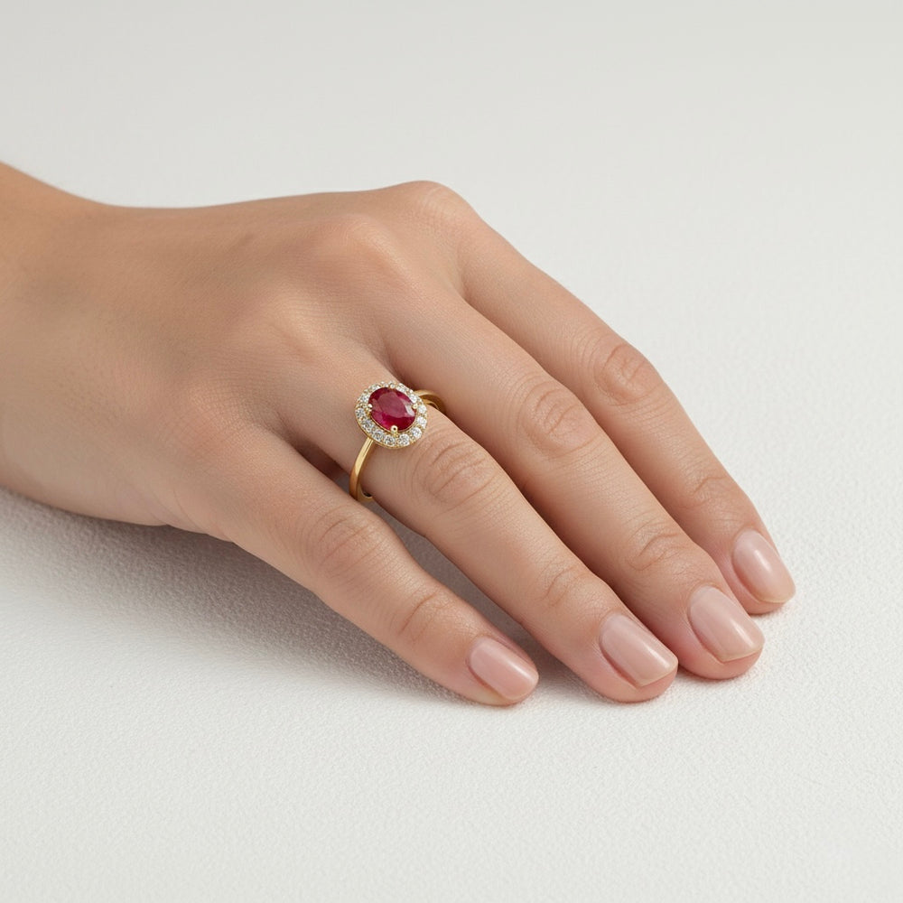 18K Yellow Gold Ruby & Diamond Halo Engagement Ring