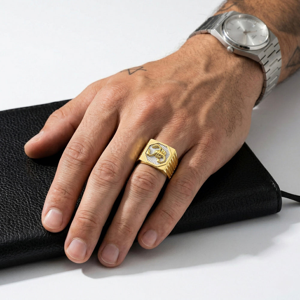 Gold Jewellery Mens Scorpio Sunburst Signet Ring – 18K Gold