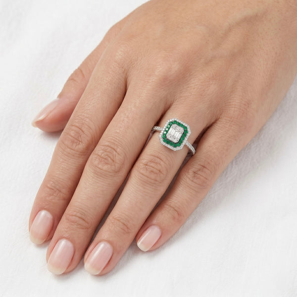 18K White Gold Halo Pavé Emerald & Natural Diamond Engagement Ring hover