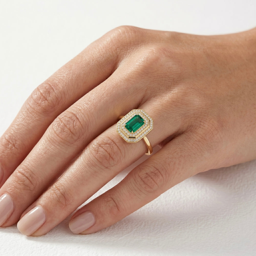 18K Yellow Gold Emerald Halo Engagement Ring with Natural Diamonds
