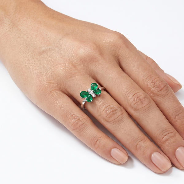 18K White Gold Butterfly Emerald & Natural Diamond Statement Ring for Women hover