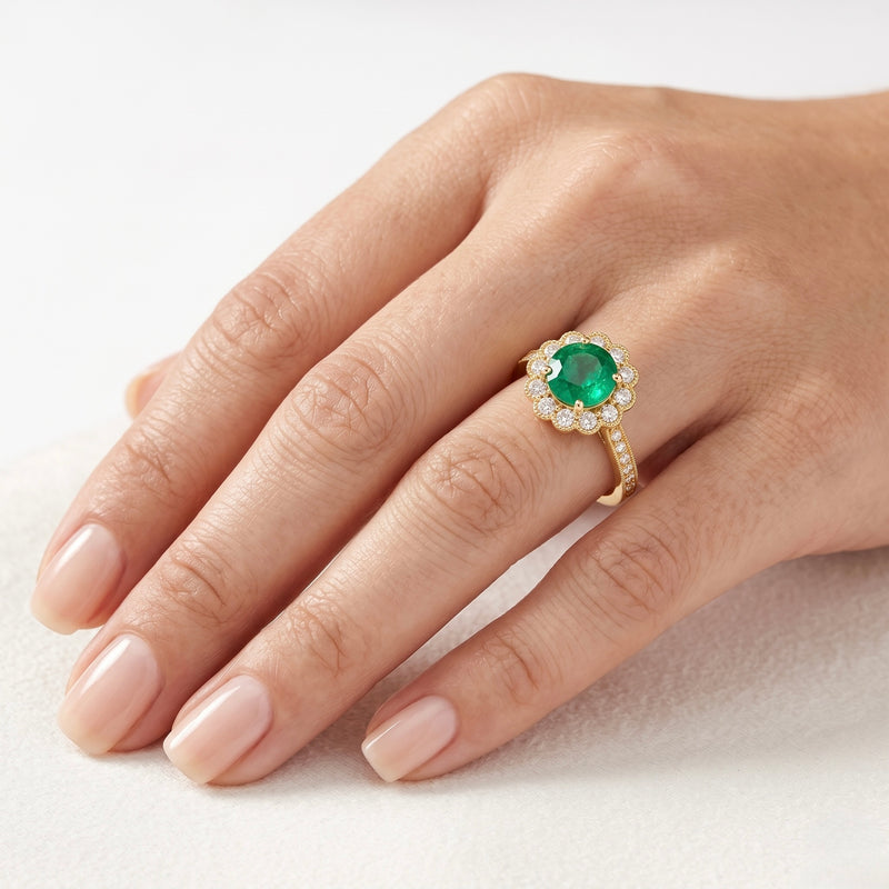 18K Yellow Gold Emerald Halo Engagement Ring for Women