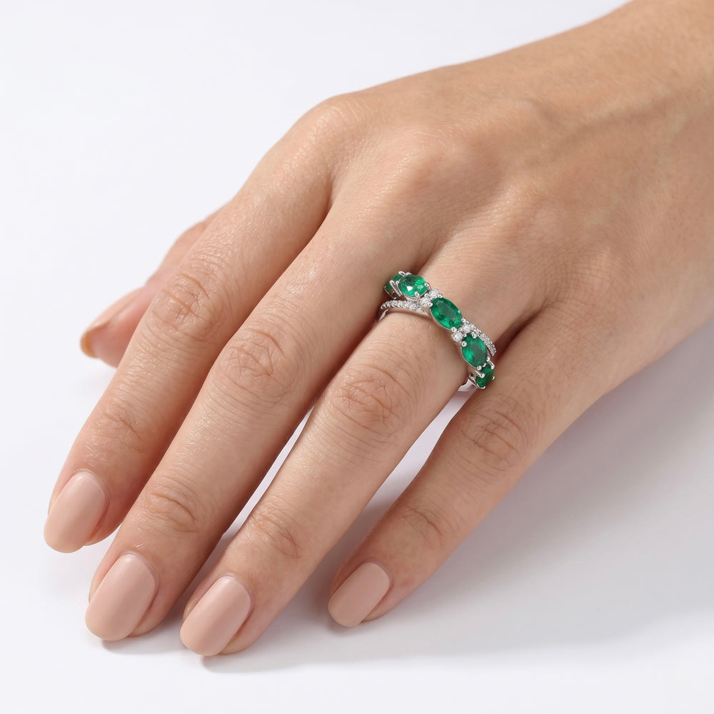 18K White Gold Emerald & Natural Diamond Statement Ring for Women