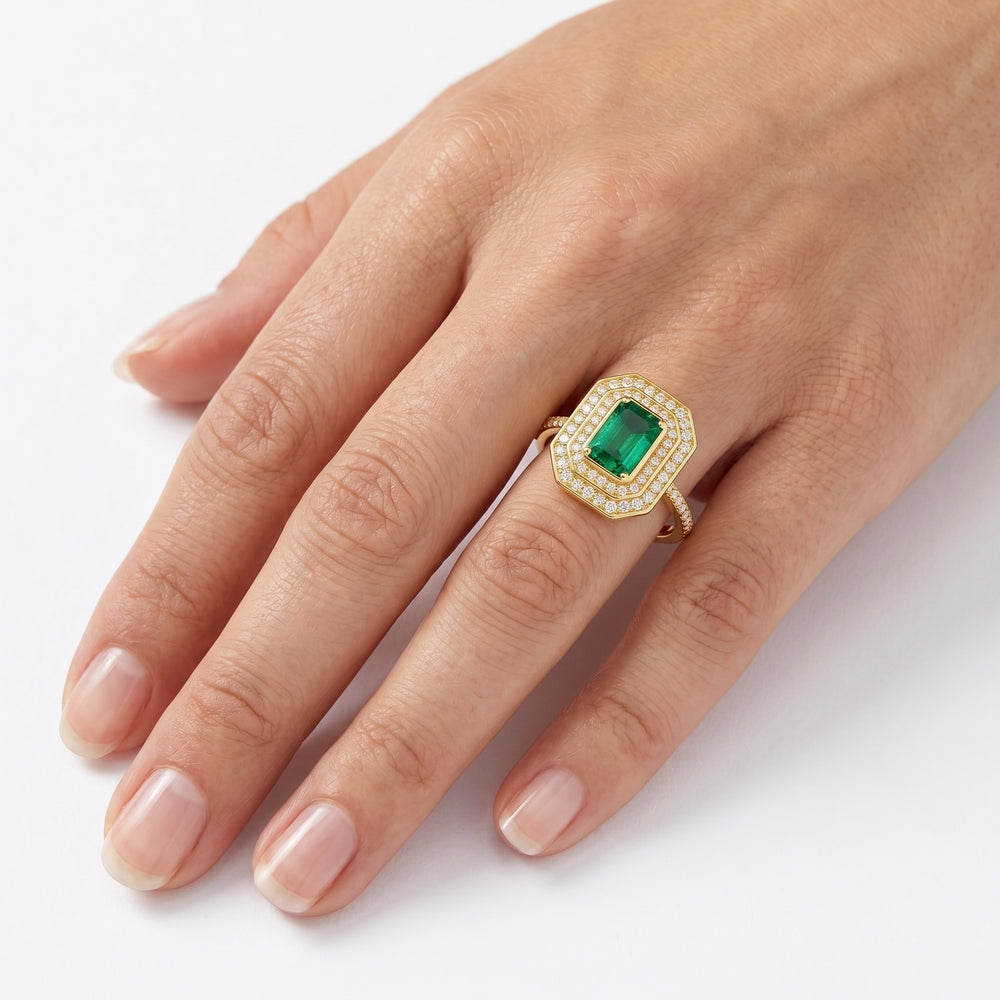 18K White Gold Emerald Radiance Halo Engagement Ring with Natural Diamonds