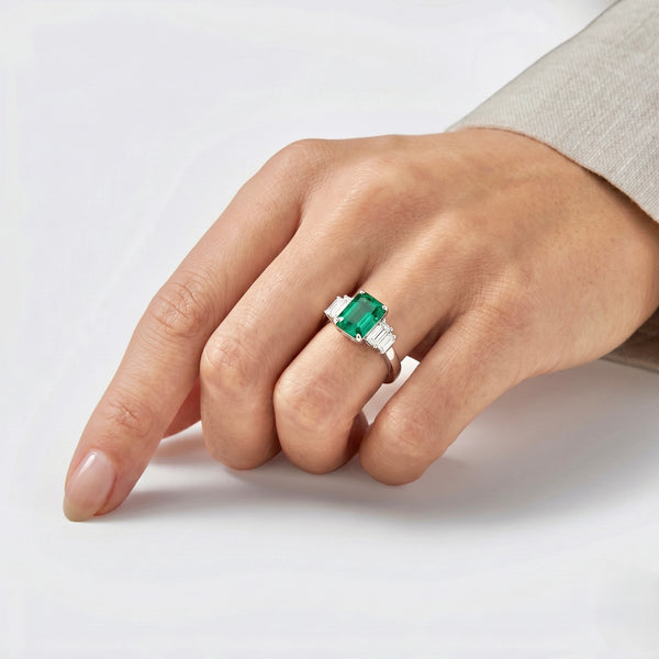 Three Stone Emerald & Natural Diamond Statement Ring for Women hover