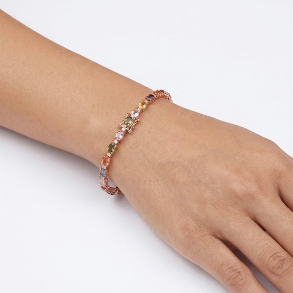 18k Rose Rainbow Sapphire & Natural Diamond Tennis Bracelet hover