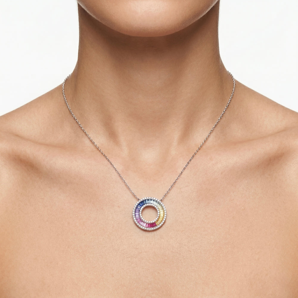 Platinum Gold Multicolor Sapphire & Diamond Pendant Necklace