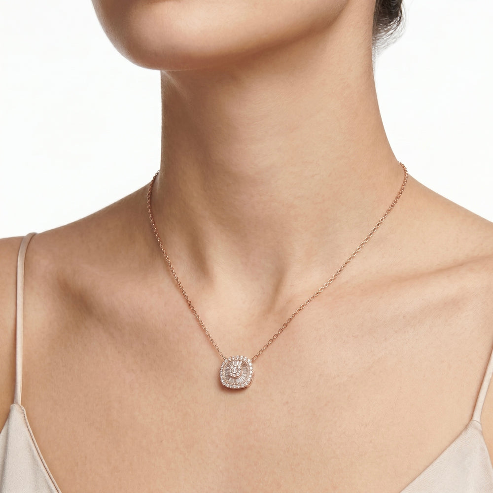 18K Rose Gold Natural Diamond Baguette & Round Halo Pendant Necklace