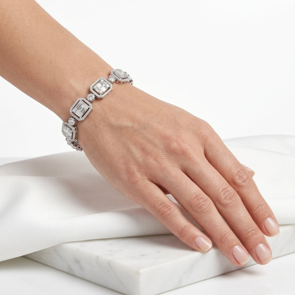 Natural Diamond Imperial Emerald-Cut Halo Tennis Bracelet in 18K White Gold