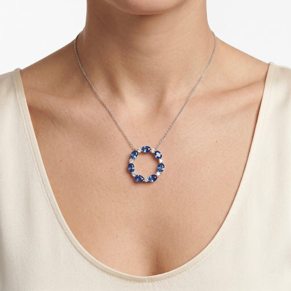 18k White Gold Blue Sapphire & Diamond Circle Pendant Necklace hover