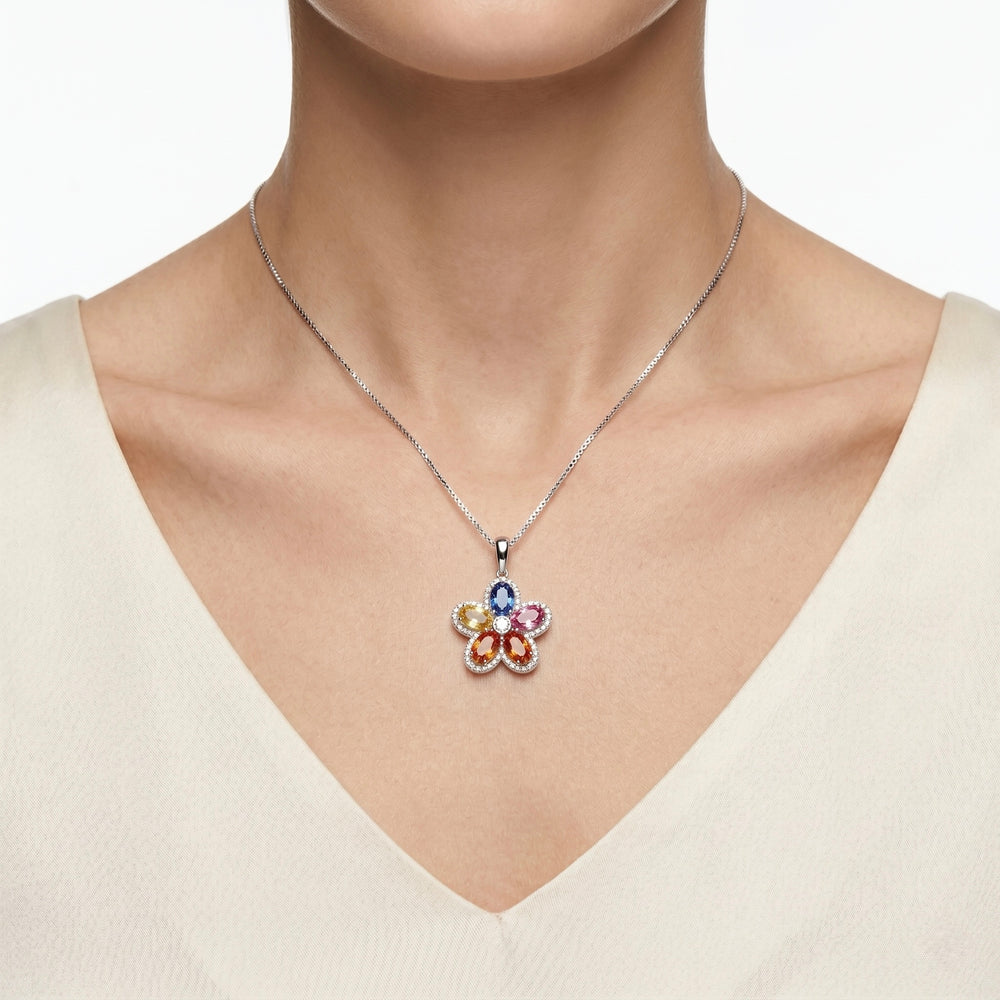 18K White Gold Multicolor Sapphire & Diamond Pendant Necklace