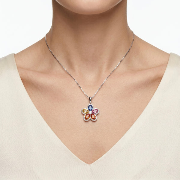 18K White Gold Multicolor Sapphire & Diamond Pendant Necklace hover