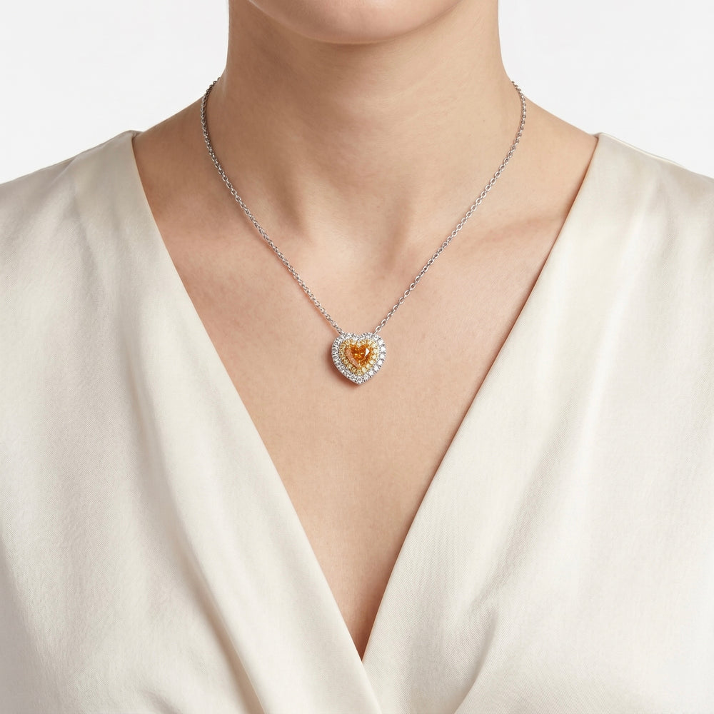 Natural Diamond Orange Heart Double Halo Diamond Necklace in 18K White Gold