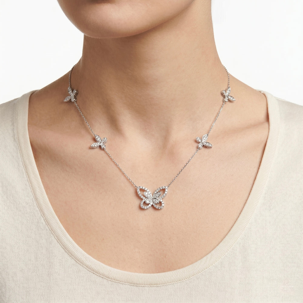 Natural Diamond Butterfly Station Necklace in 18K White Gold