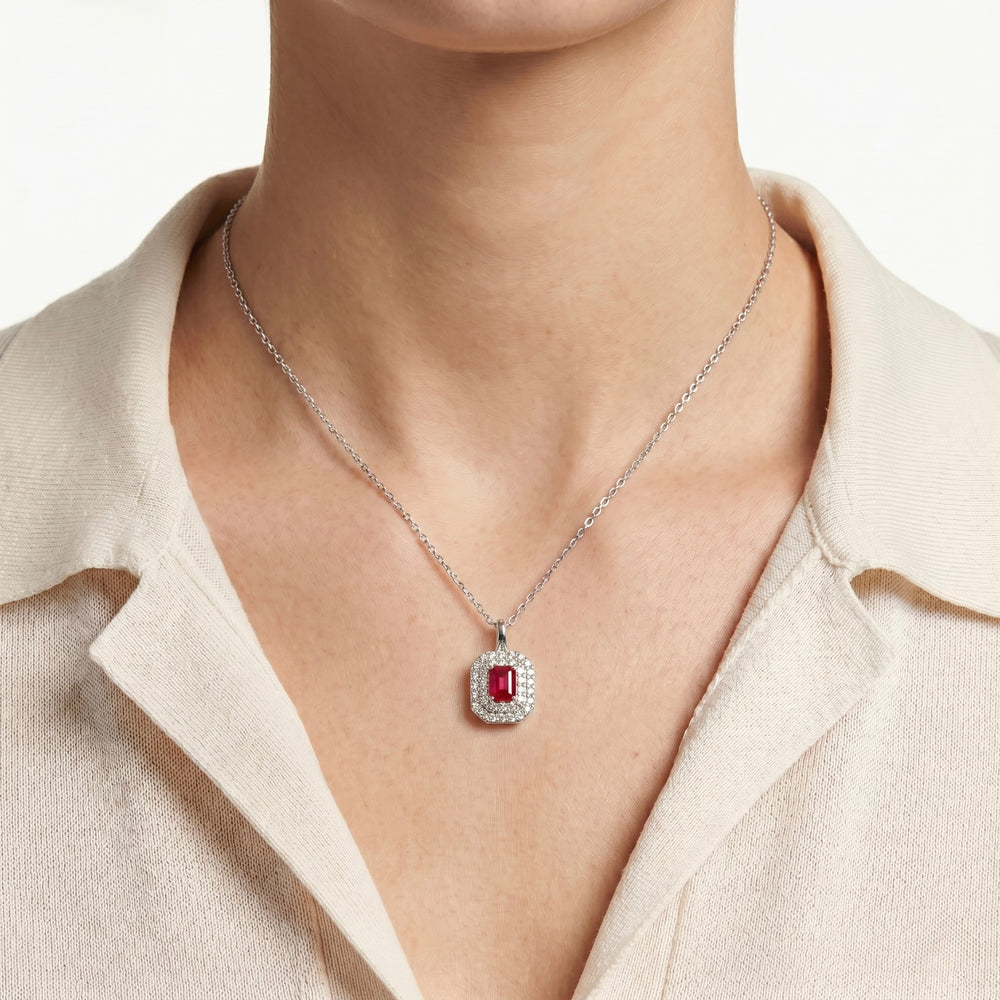 18K White Gold Red Radiance Diamond Halo Pendant Necklace