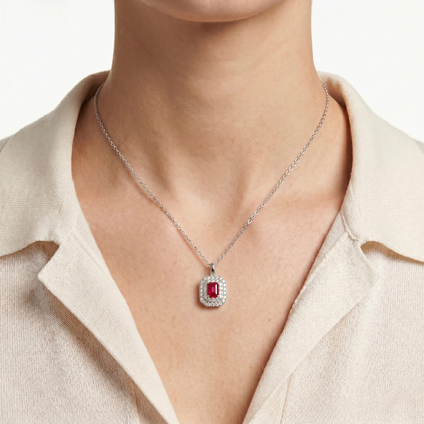 18K White Gold Red Radiance Diamond Halo Pendant Necklace hover