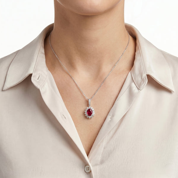 18K White Gold Oval Red Gem Diamond Halo Pendant Necklace hover
