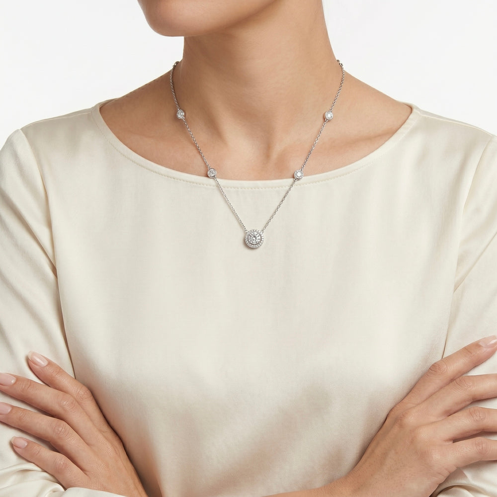 Natural Diamond Round Halo Pendant Necklace in 18k White Gold