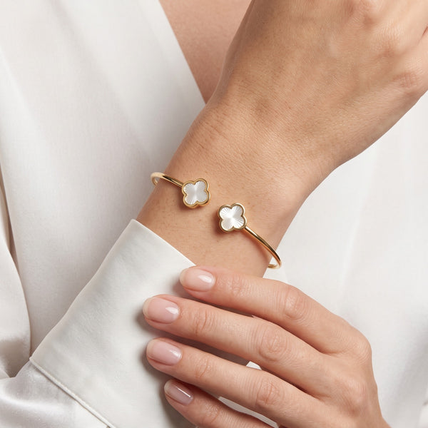 Gold Jewellery Pearl Clover Open Bangle hover