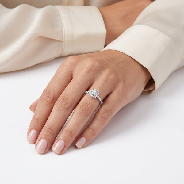 Natural Diamond Radiant Halo Round Engagement Ring in 18K Gold hover