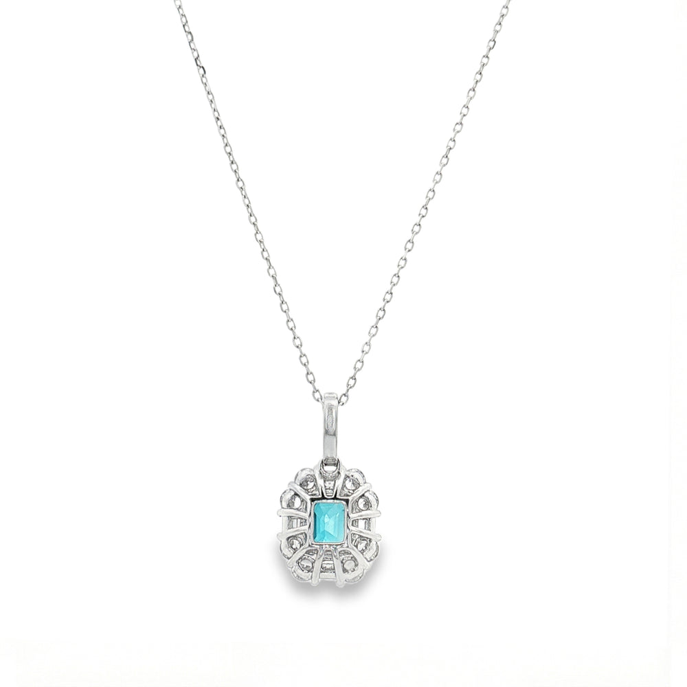 18K White Gold Blue Zircon & Natural Diamond Pendant Necklace