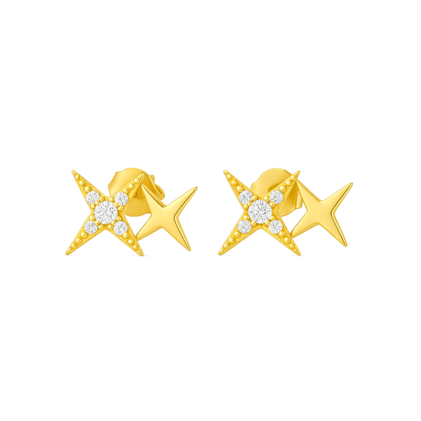 Gold Star Stud Earrings – Mismatched Plain & Diamond‑Look Design
