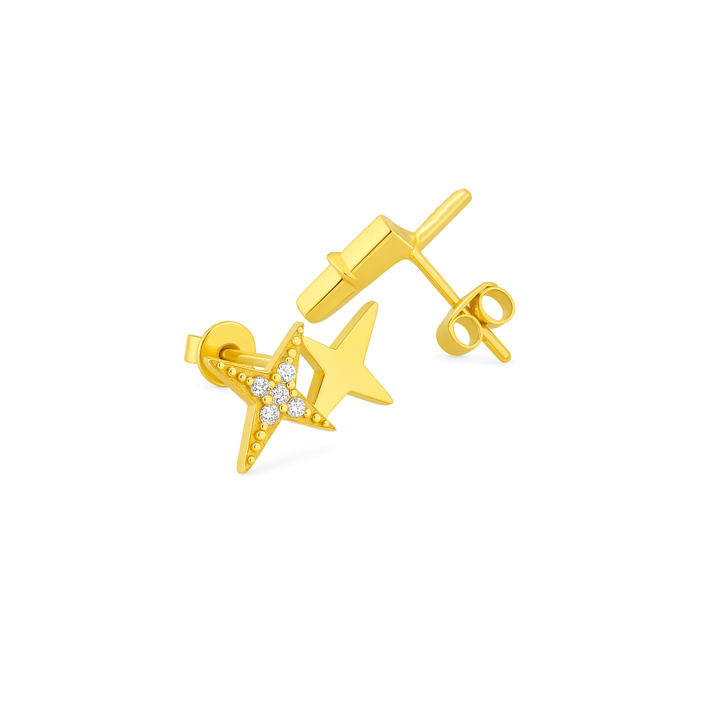 Gold Star Stud Earrings – Mismatched Plain & Diamond‑Look Design