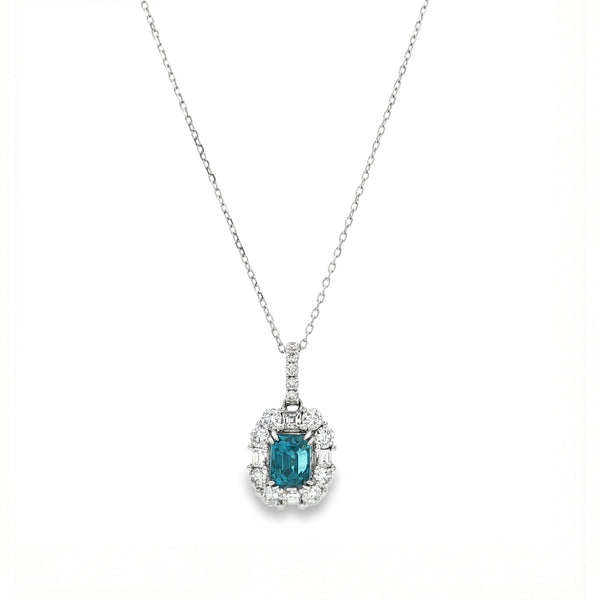 18K White Gold Blue Zircon & Natural Diamond Pendant Necklace