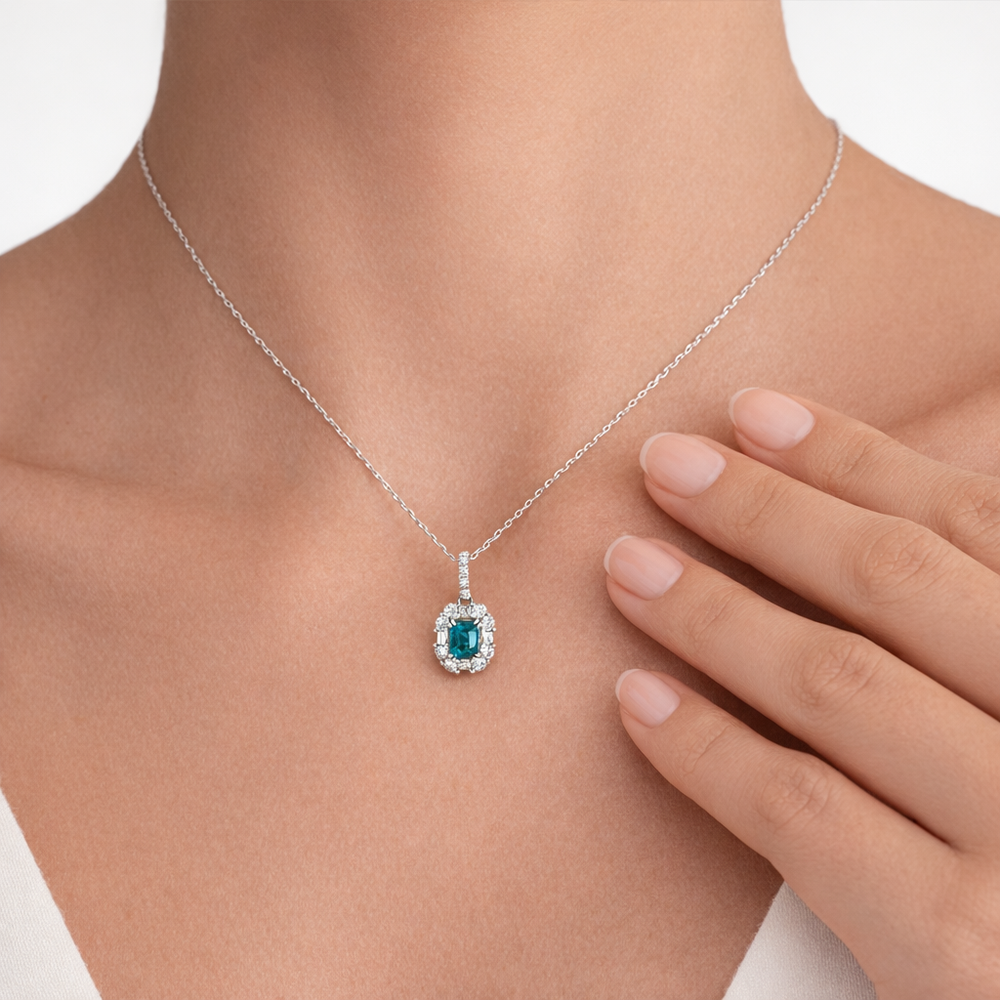 18K White Gold Blue Zircon & Natural Diamond Pendant Necklace